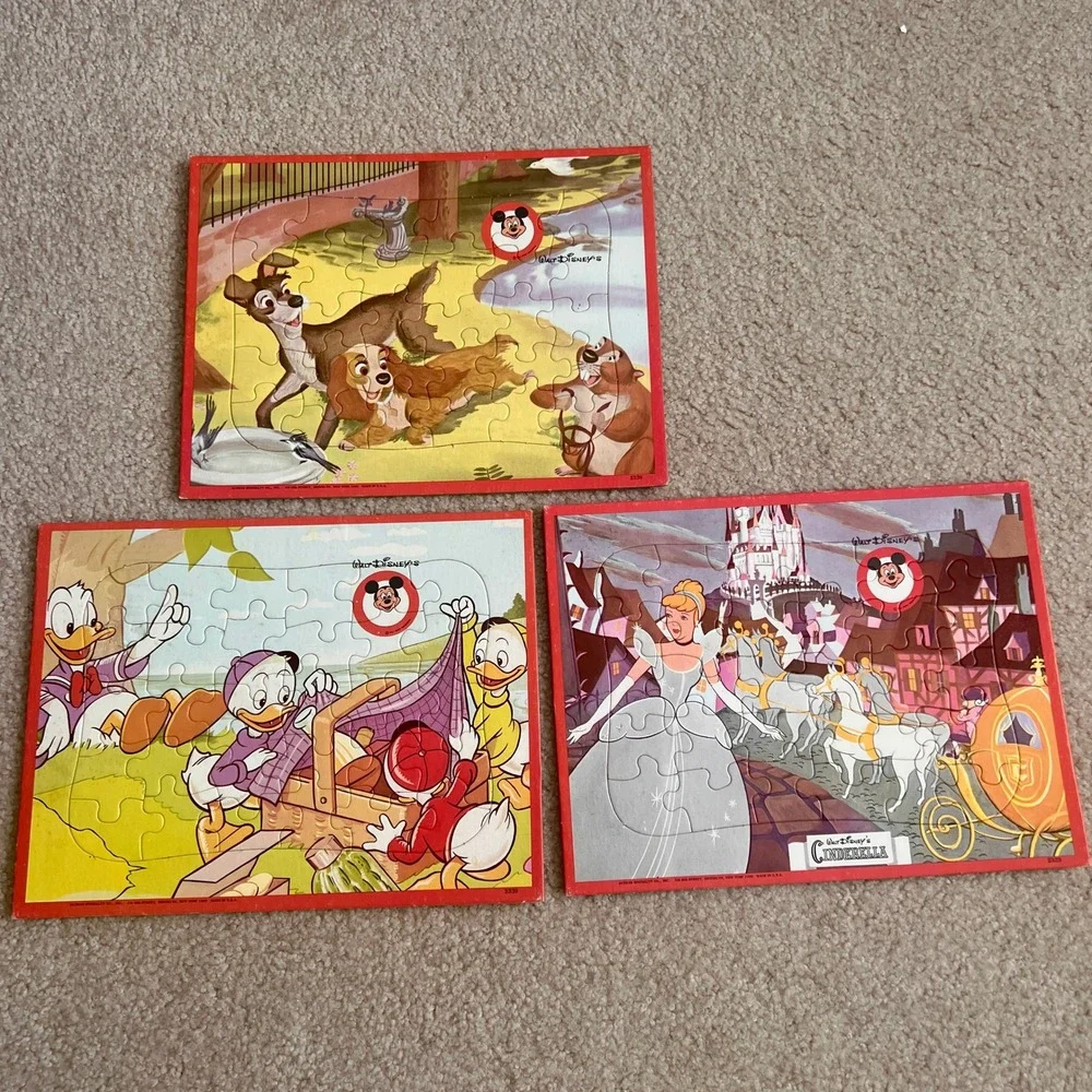 Vintage Walt Disney Framed Tray Puzzle‎ Lot of 3 Lady Cinderella Donald Duck